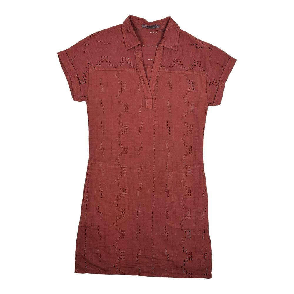 prAna Womens Size XS Ladyland Short Sleeve Shirt Dress Organic Cotton Eyelet Red